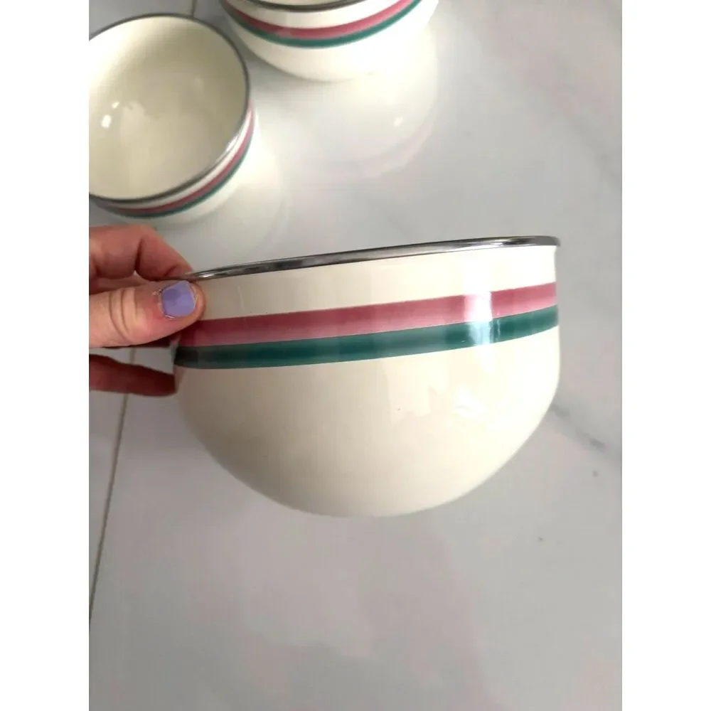 Vintage Pfaltzgraff Juniper Mixing Bowls Set of 3 Enamel Metal Green Mauve